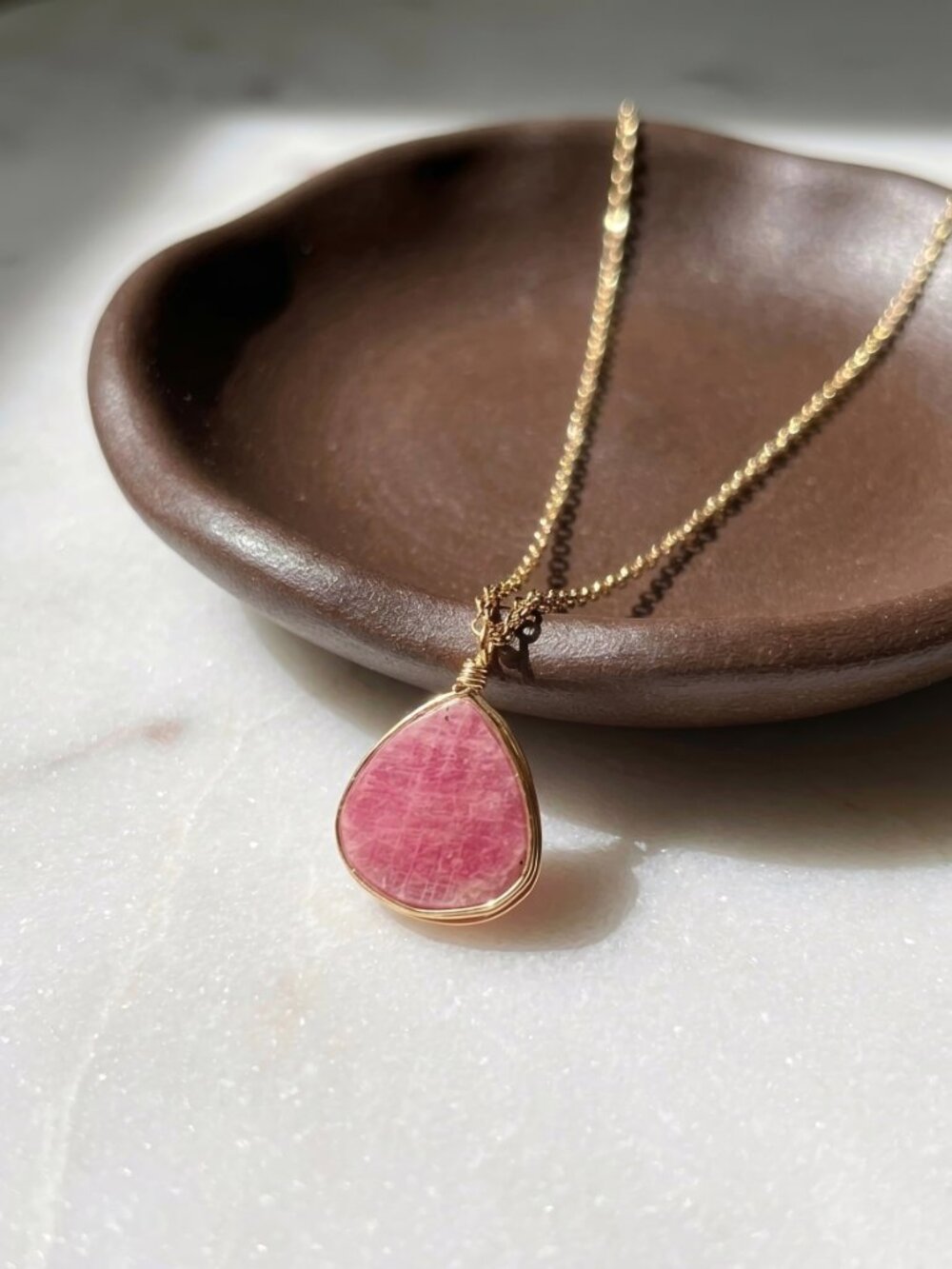 Gold Filled Wire Wrapped Pink Sapphire Teardrop Slice Necklace